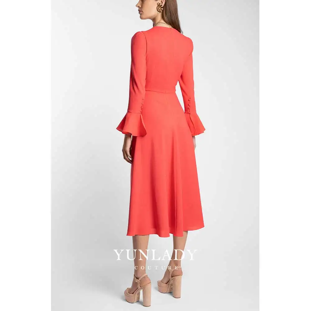 YUNLAN Orange Red Long Sleeve Knee Length Dress Special Occasion A Line Skirt Evening Gown 2024 Saudi Blouse Mom Party Dress