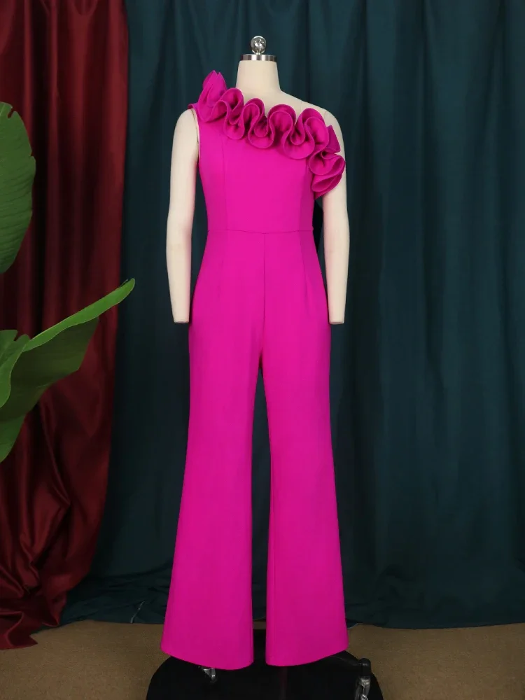 Fuchsia One Shoulder Ruffle Jumpsuit for Women Plus Size Wide Leg Long Pants Jumpersuit Overalls Elegant One Piece Outfits