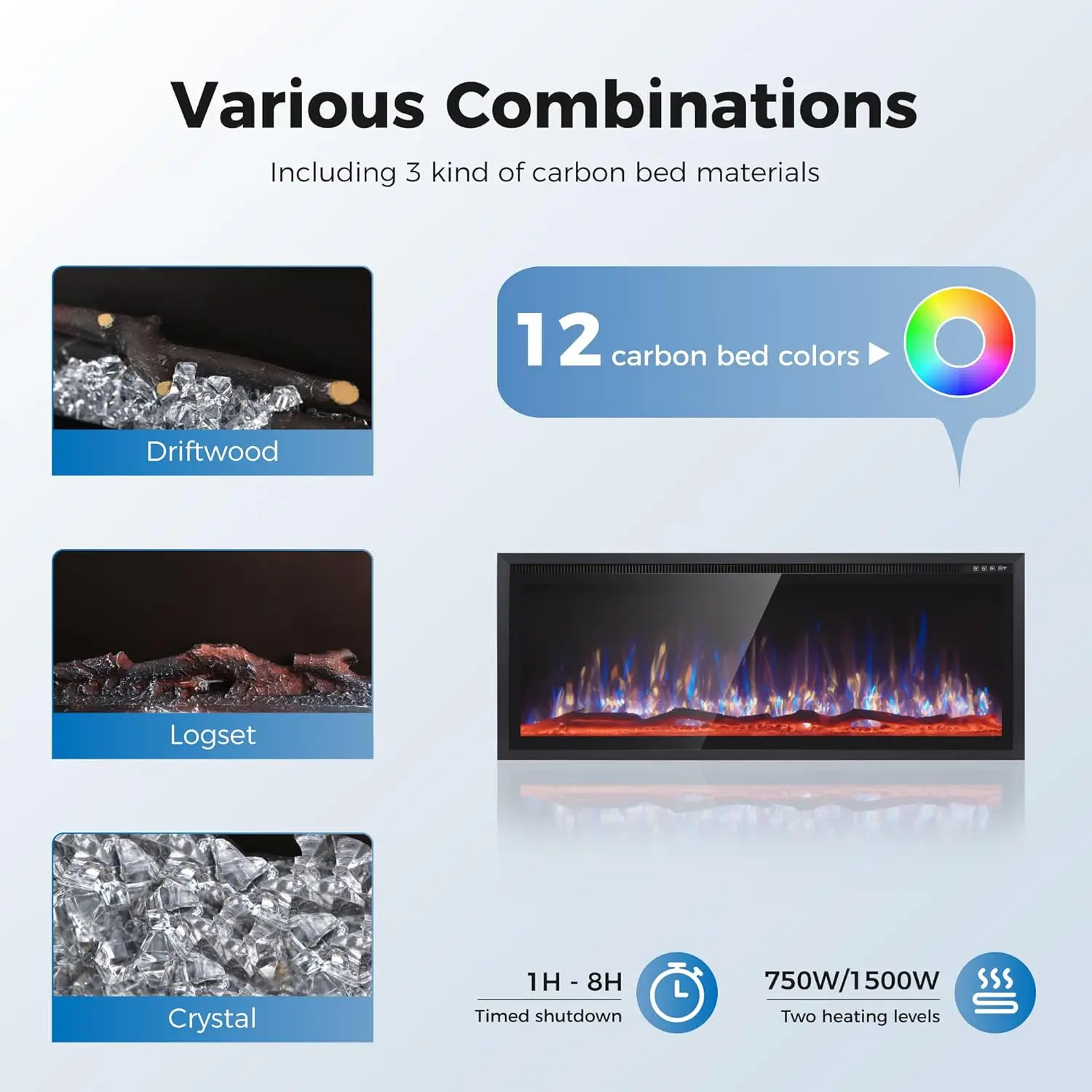 Slimline Wall-Mounted Electric Fireplace Heater, Recessed Design with Remote Control