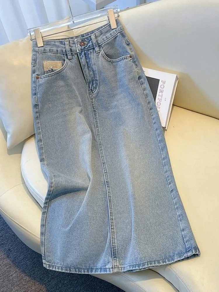 

High Waist A-Line Skirt Women's Summer 2025 New Sle Slimming Split Light Blue Denim Midi Skirt Korean Sle Commute