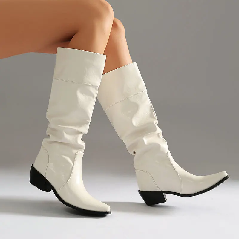 Women's Western Cowboy Boots Pointed Toe Chunky Heel Stacked Mid Calf Vintage Ruched Knee High Rider Boots