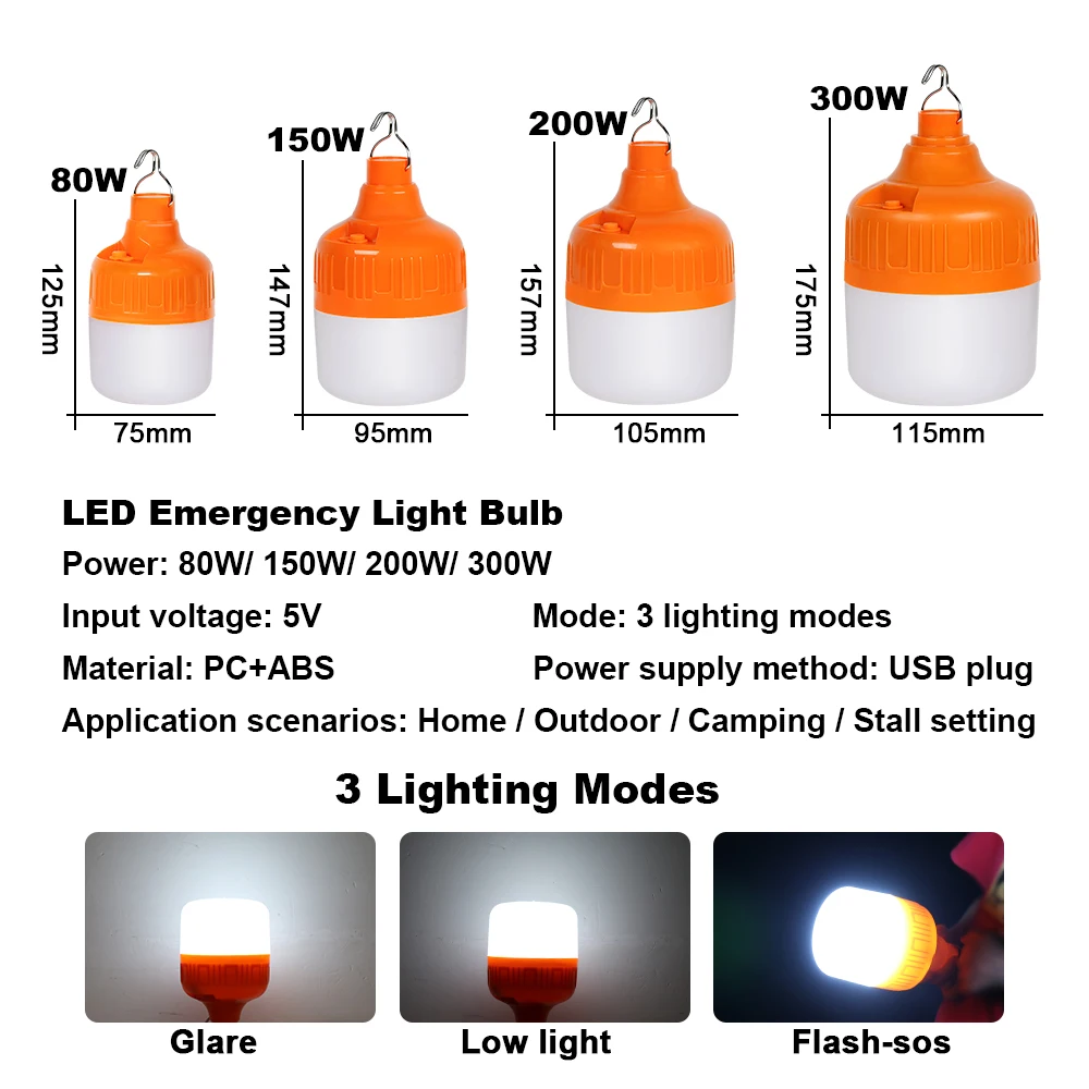 Portable Lantern Bulb Camping Light Outdoor LED Bulb USB Rechargeable 150/200/300W High Power Emergency Light Bulb Night Light