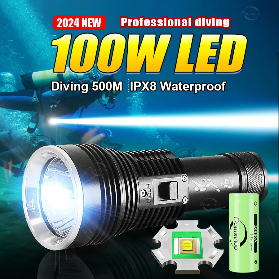 100W Professional Diving Flashlight 500m Underwater Scuba Diving Torch IPX8 Waterproof Dive Light 26650 Battery