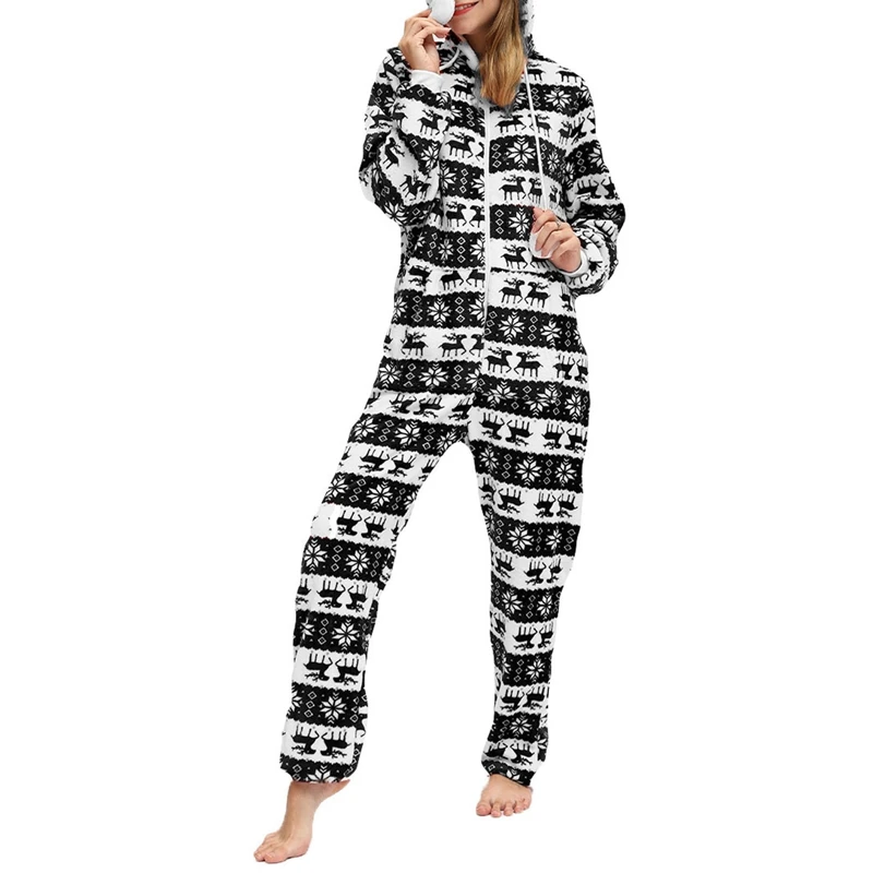 Women s Cozy Christmas Deer and Snowflake Print Hooded Jumpsuit with Zipper Long Sleeve Pajamas in S M L XL XXL Sizes