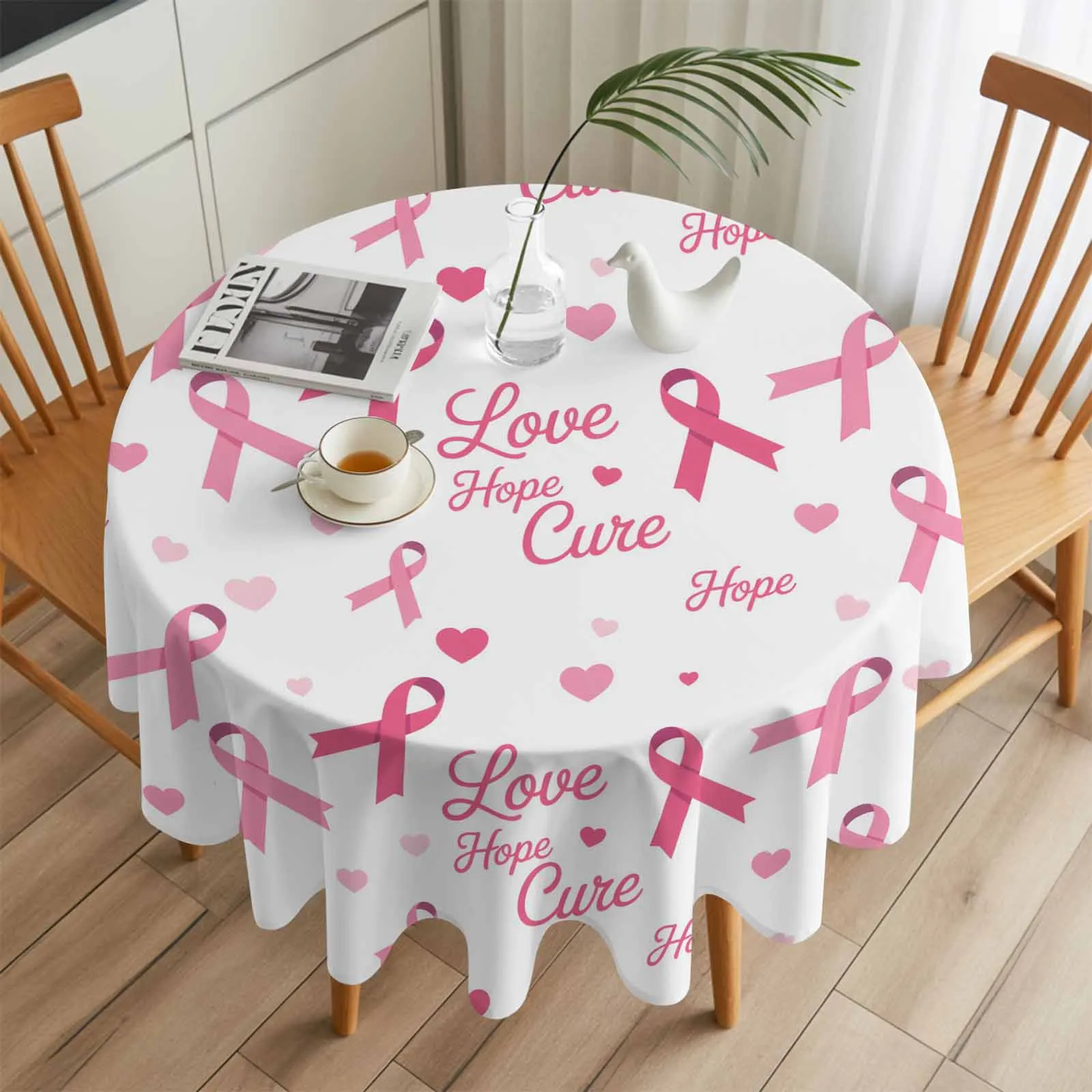 

Vintage Pink Ribbon Texture Round Table Cloth Festival Dining Tablecloth Waterproof Table Cover for Wedding Party Decor
