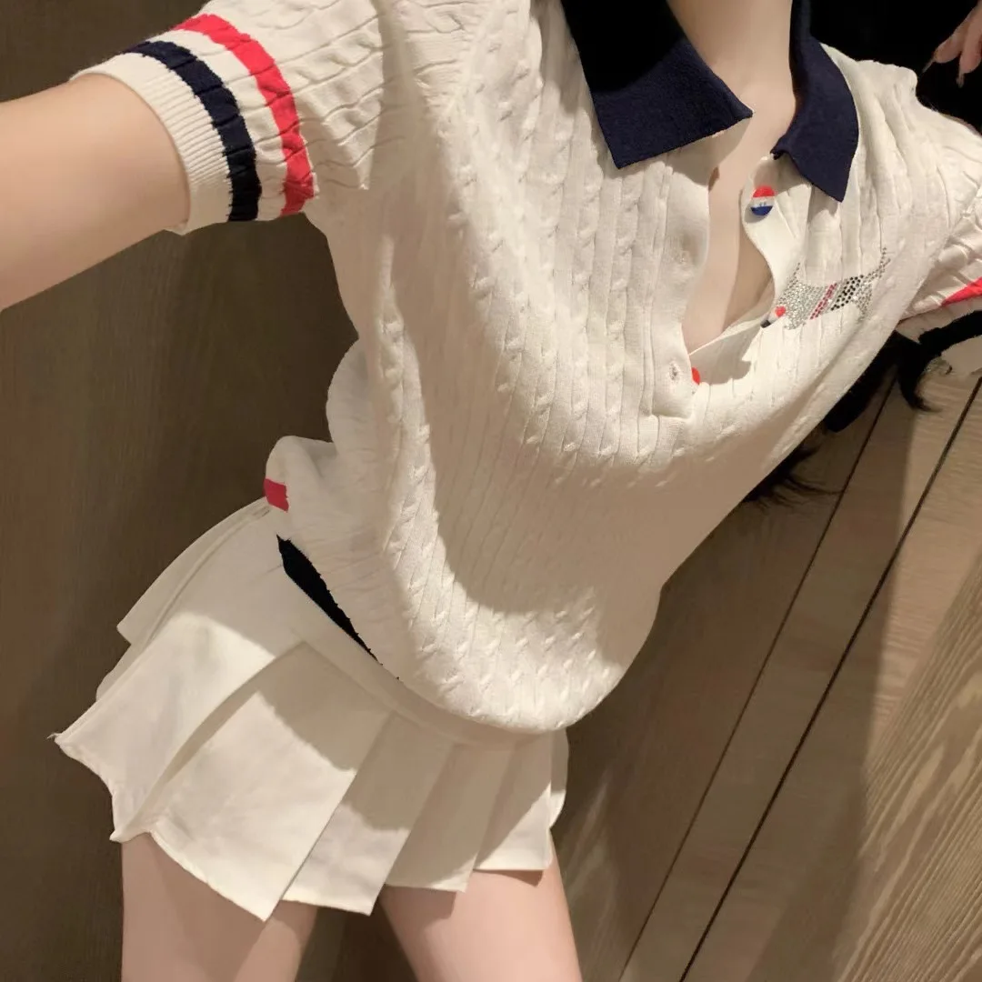 

College Style Dog Print Short Sleeve Knit Shirt Button Design Anti-Aging T-Shirt Polyester Summer Women's Top