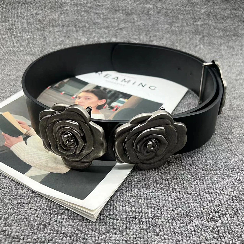 EAM Black Metal Rose Vintage Wide Pu Leather Belt Personality Women New Fashion Tide All-match Spring Autumn 2025 31A2731