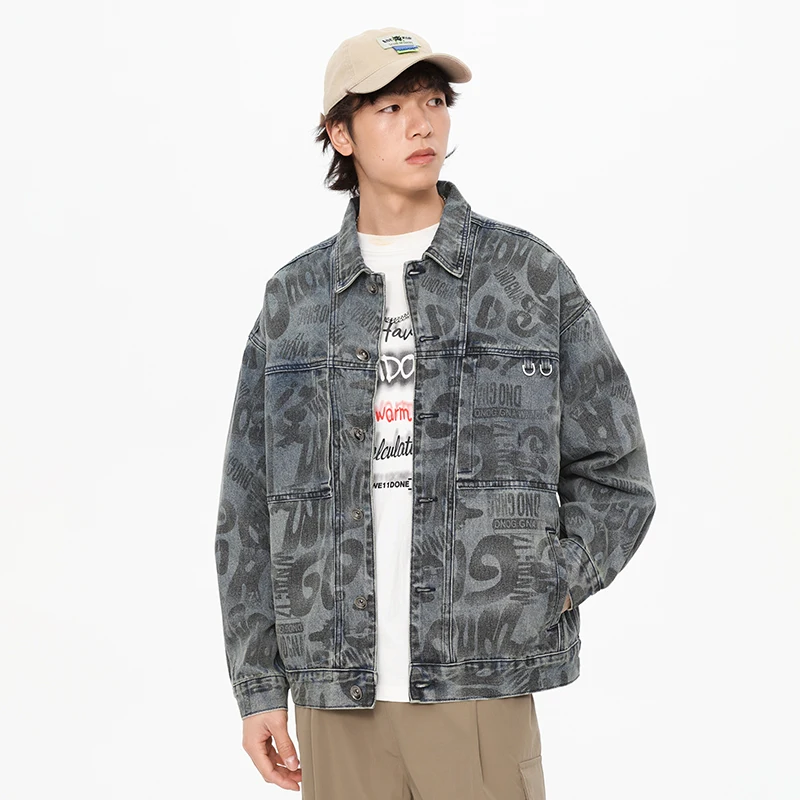 

Hip-hop fashion design denim coat for men 2024 autumn retro washed Street printing loose fashion casual Y2K clothes