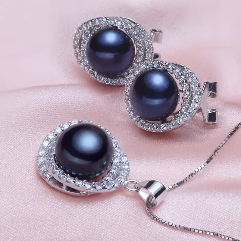 

Women's Set of huge 12mm Natural Tahitian genuine black perfect pearl earring pendant 4.28 real silver-jewelry