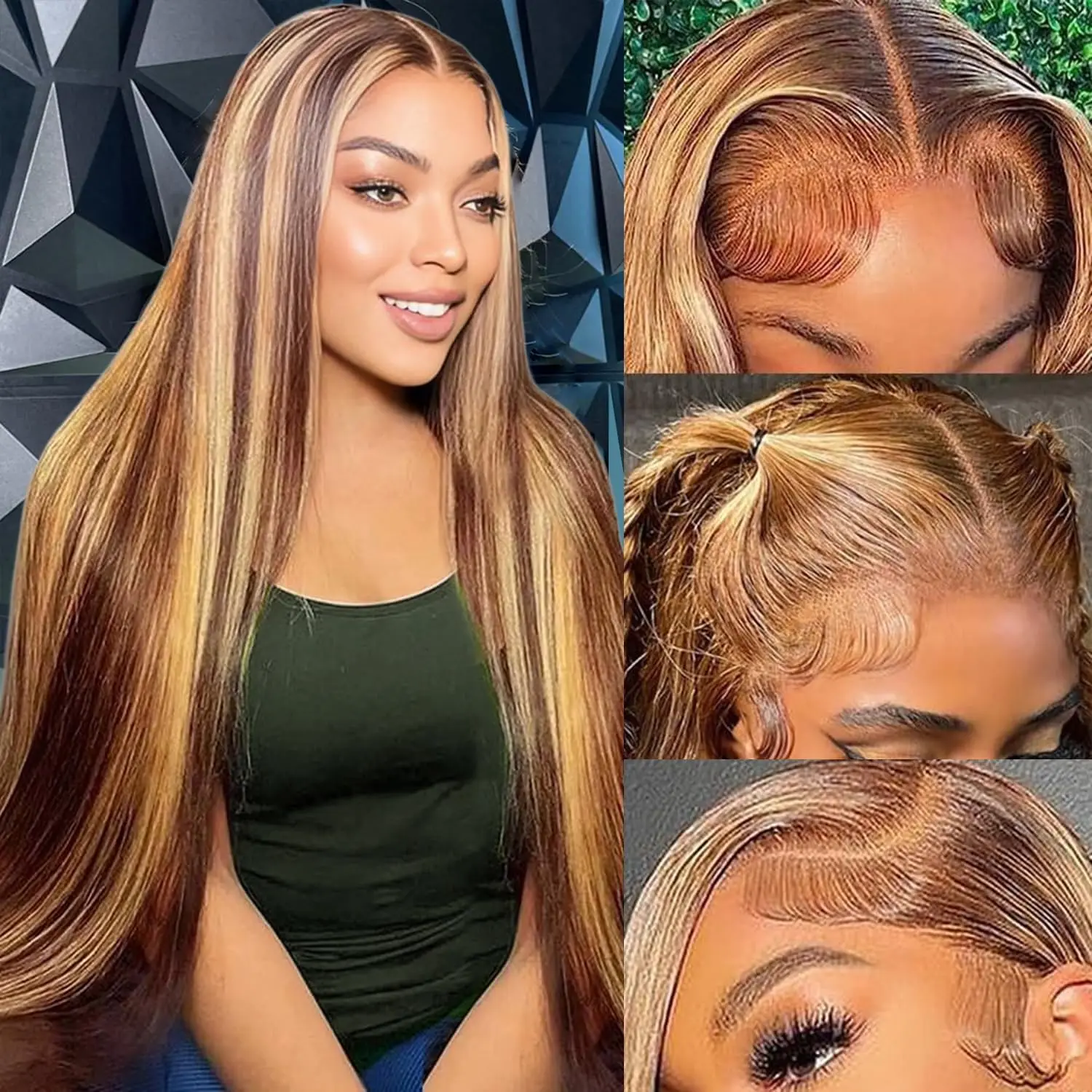

Ombre Highlight 13x4 Парики Фронта Шнурка Человеческие Волосы Предварительно Сорванные 200% Плотность Медовый Блондин HD Прозрачные Прямые Парики Фронта Шнурка