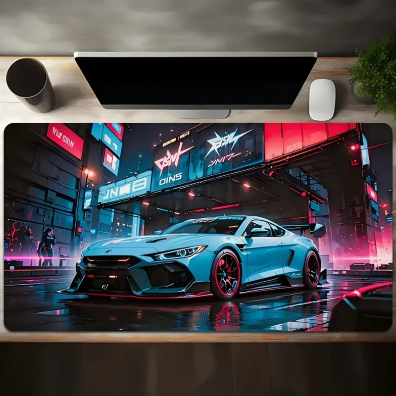 Tapis de souris de jeu extra large avec design de voiture de sport bleu de style de rue, tapis de bureau rectangulaire à base en caoutchouc, bord de précision, lavable