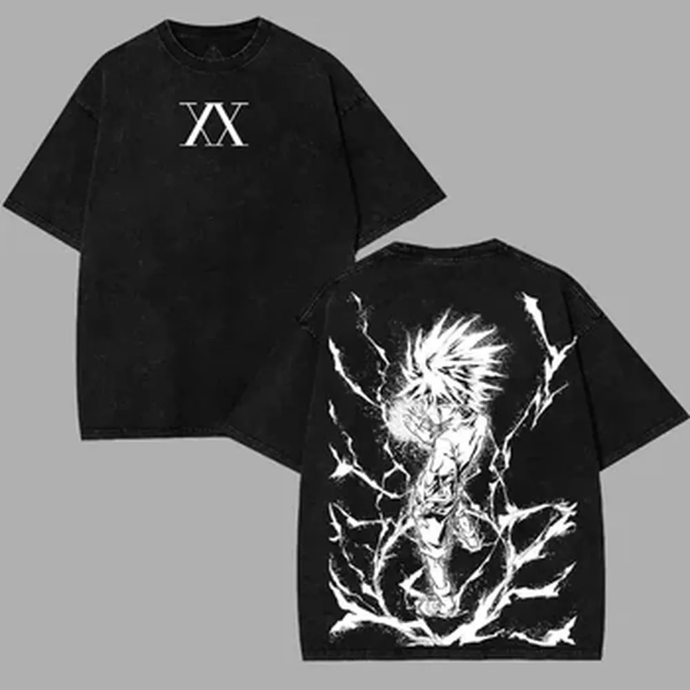 HUNTER×HUNTER Killua Zoldyck T-shirt For Men‘s Clothing Manga Washed Oversized T Shirrt High Quality Casual Cotton Tees Tops