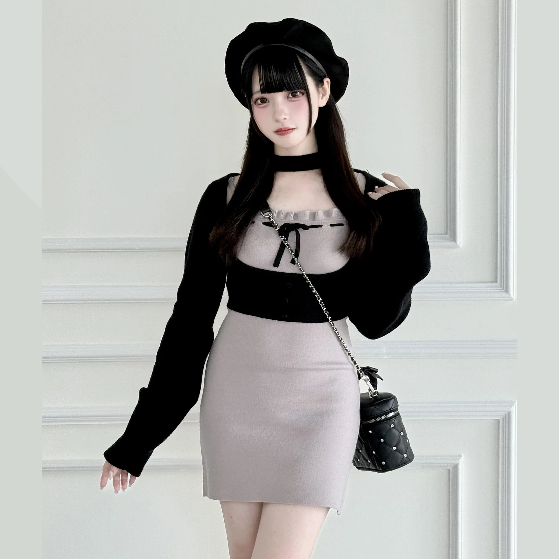 Japanese Style Mass-Produced Sweet Knitted Dress Smock 2-Piece Set New Autumn Girls Women Slimming Sweet Elegant Mini Dress