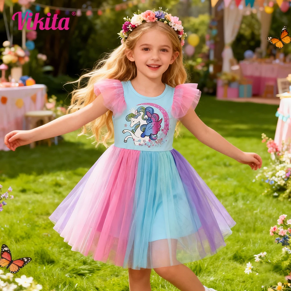 VIKITA Toddlers Unicorn Star Print Dress Kids Colorful Rainbow Ruffle Sleeves Birthday Party Princess Party Casual Costumes