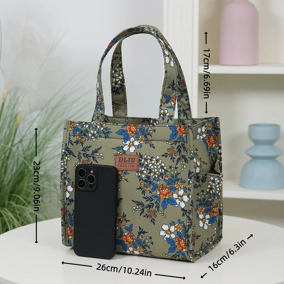 Neue Handtasche aus verdicktem Stoff mit Blumenmuster, Lunch-Tasche, tragbare Lunchbox-Aufbewahrungstasche, Reißverschluss-Design, multifunktionale Tragetasche – Detail 1