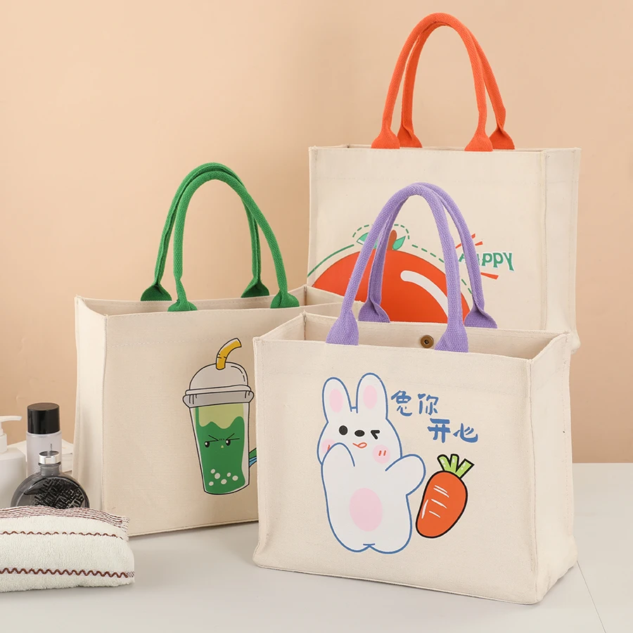 

New cartoon pattern printed tote bag; canvas large capacity tote bag; travel storage bag.