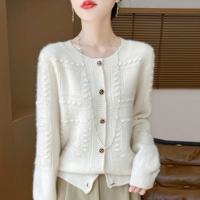 Women\'s Cardigan Autumn/Winter 100% Pure Wool Sweater Casual Knitted Sweater Round Neck Loose Tops All-match Button Blouse