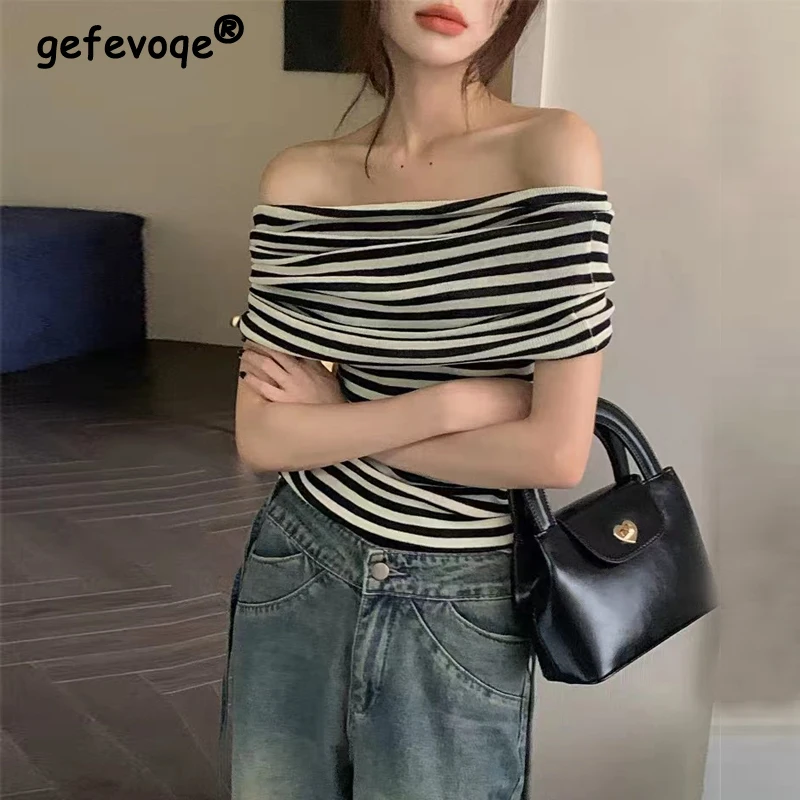 

Women's Korean Fashion Sexy Off Shoulder Striped Print Slim T-shirts 2024 Summer Female Casual Streetwear Y2K Short Sleeve Tops