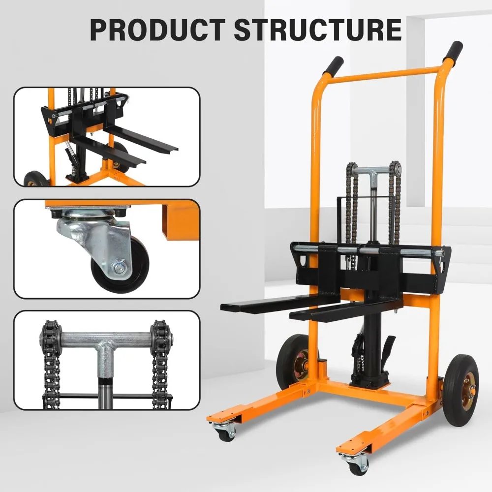 مكدس ونش من المواد الهيدروليكية، شاحنة مقبس البليت دوللي، سعة 440 رطلاً، ارتفاع الرفع 35.4 بوصة، طول الشوكة 18.1 بوصة