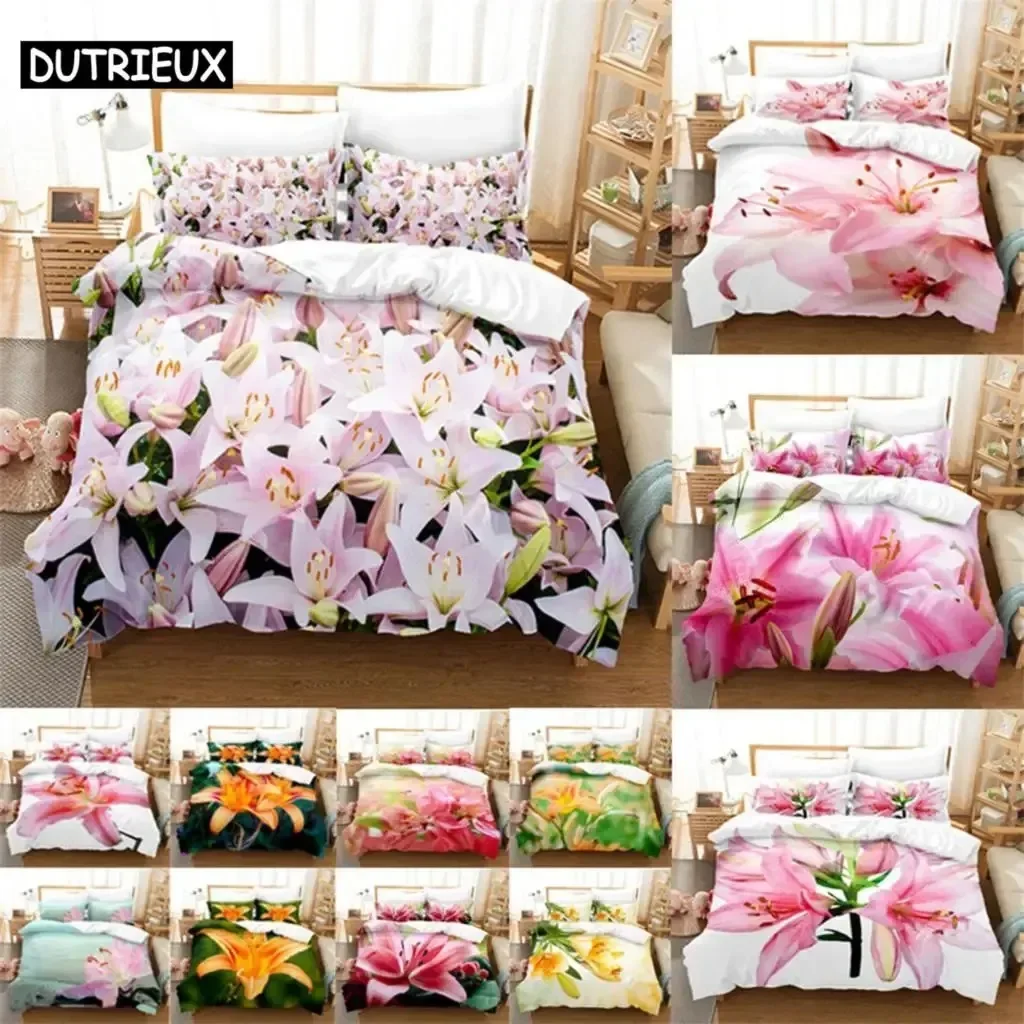 Lily Duvet Cover Set Quilt Cover Pink Flower King Size Bedding Set 2PCS 3PCS with Pillowcase Full Twin for Single Double Bed New