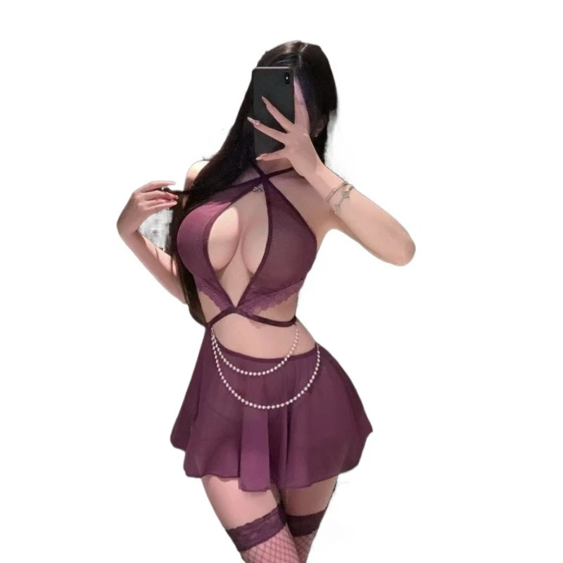 

Women's Sexy Dress Hollowed Out Backless Hanging Neck Mesh Skirt Transparent Role-playing Secretary Costumes Adult Flirt Pajamas