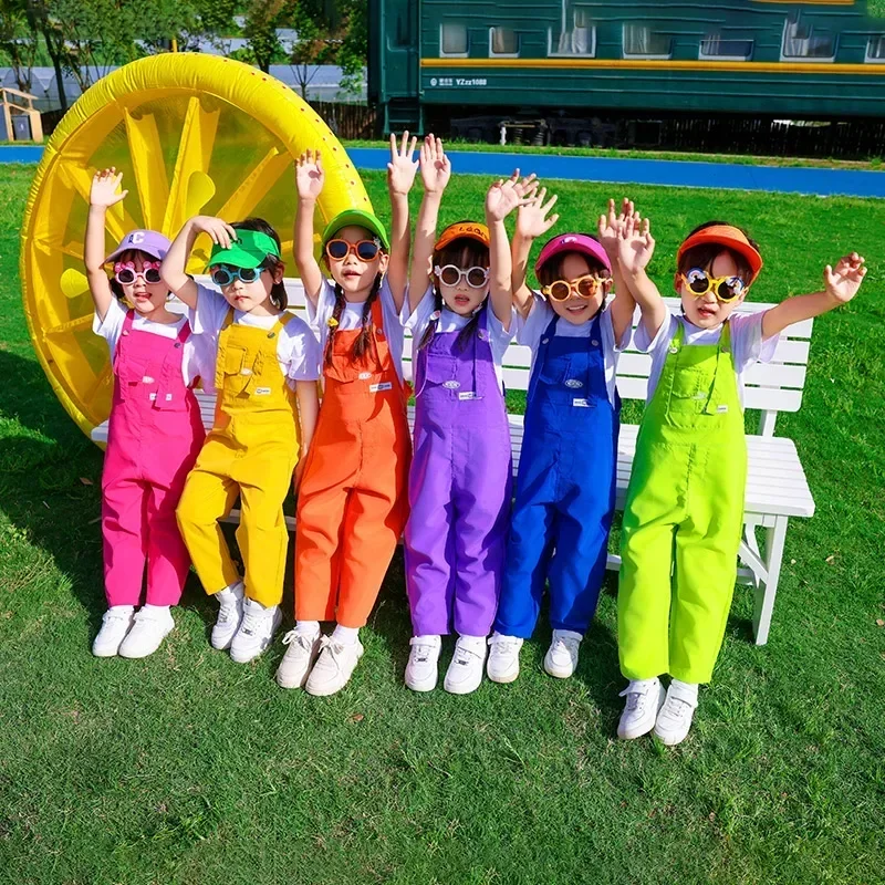 Boys Hip Hop Loose Colorful Overalls Girls Patchwork Dungaree Children Candy Color Jumpsuit Street Dance Romper Kids Streetwear