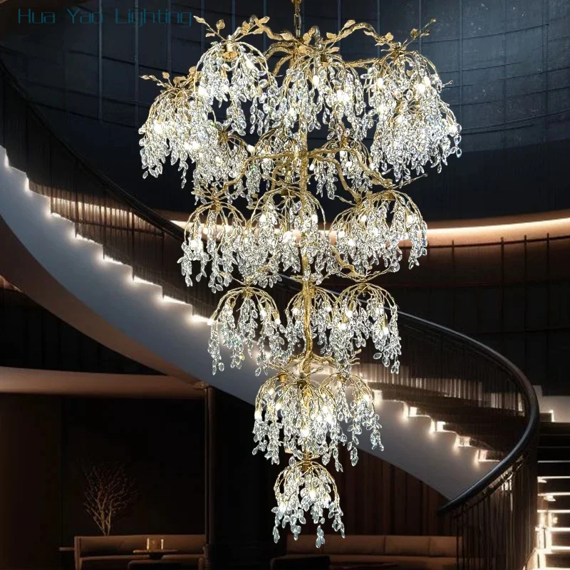 Luxury Crystal Branch Chandelier for High Ceiling Vila Living Room Lobby Copper Crystal Pendant Large Chandelier Foyer Entryway