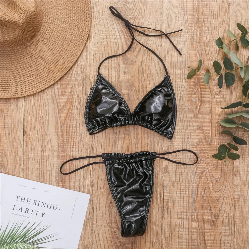 Shiny PU Mini Micro Bikini 2024 Women Swimsuit Female Brazilian Swimwear Two Pieces Bikini Set High Cut Bathing Suit Swim