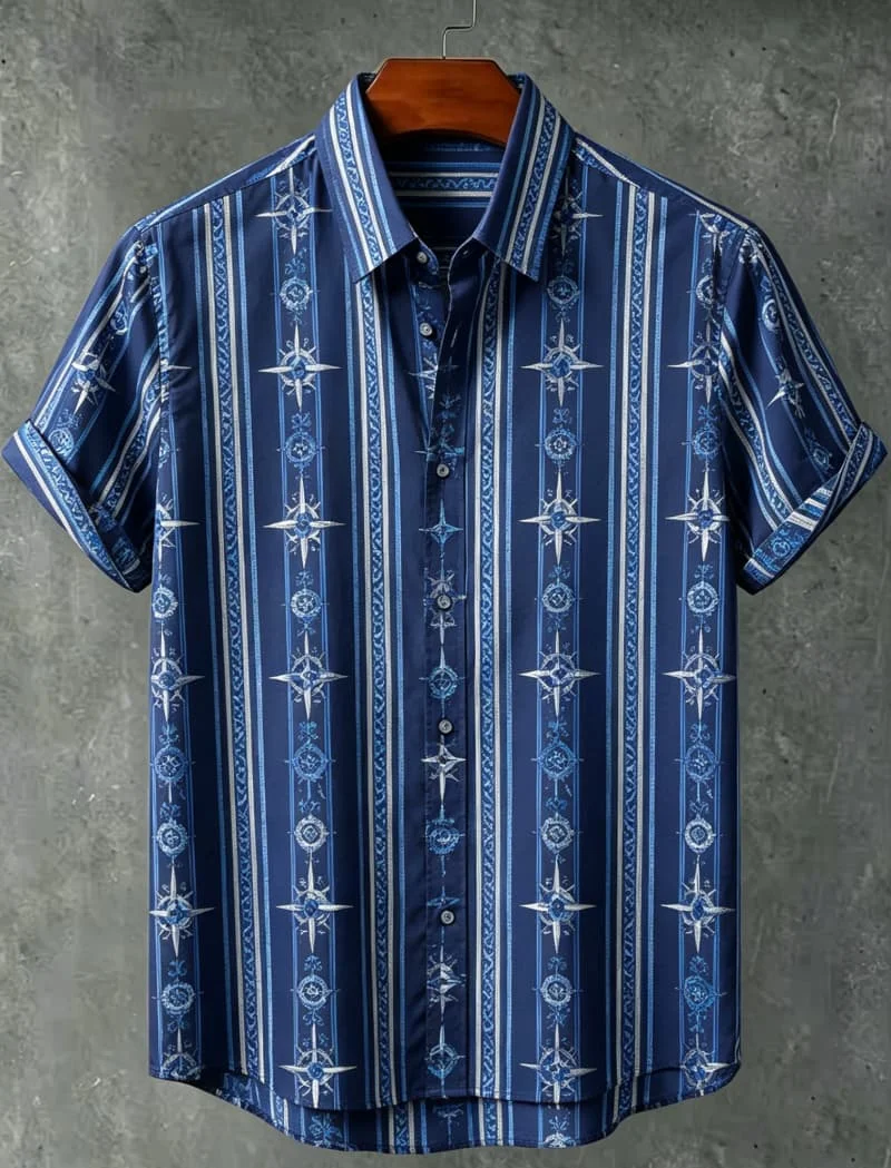 Men's Striped Totem Printed Casual Short Sleeved shirt, eye-catching Personality And Trendy style, For Vacation And Daily Life