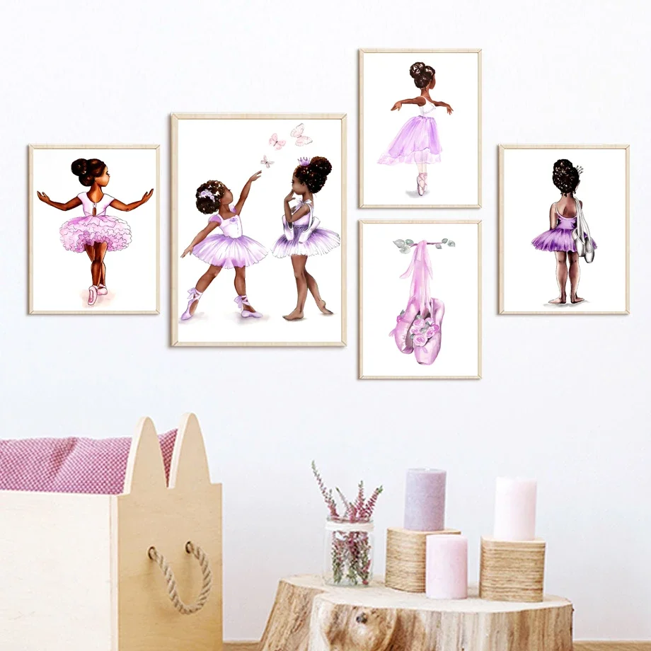 Watercolor Black Ballet Girl Shoes Butterfly Wing Purple Wall Art Prints Poster Canvas Painting Pictures Kids Room Nursery Decor