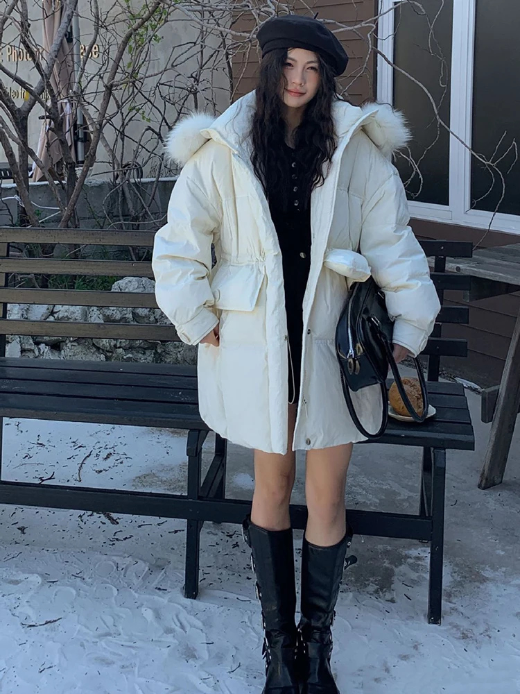 

Winter Natural Large Fur Hooded Down Jacket Female Thick Warm Mid Length Jacket Women White Duck Down Drawstring Parker Outwears