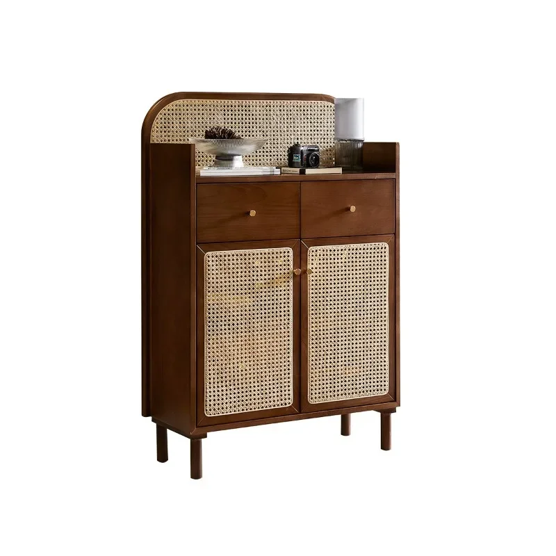 Japanese rattan solid wood dining side cabinet, log storage living room locker shoe cabinet