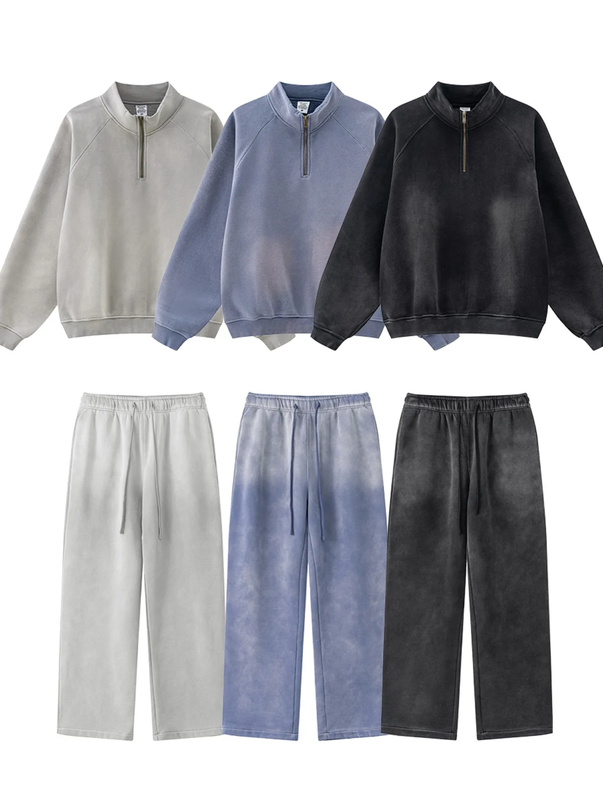 

Мужской спортивный костюм-двойка в американском стиле: худи на молнии с воротником-стойкой и винтажные белые брюки с эффектом потертости