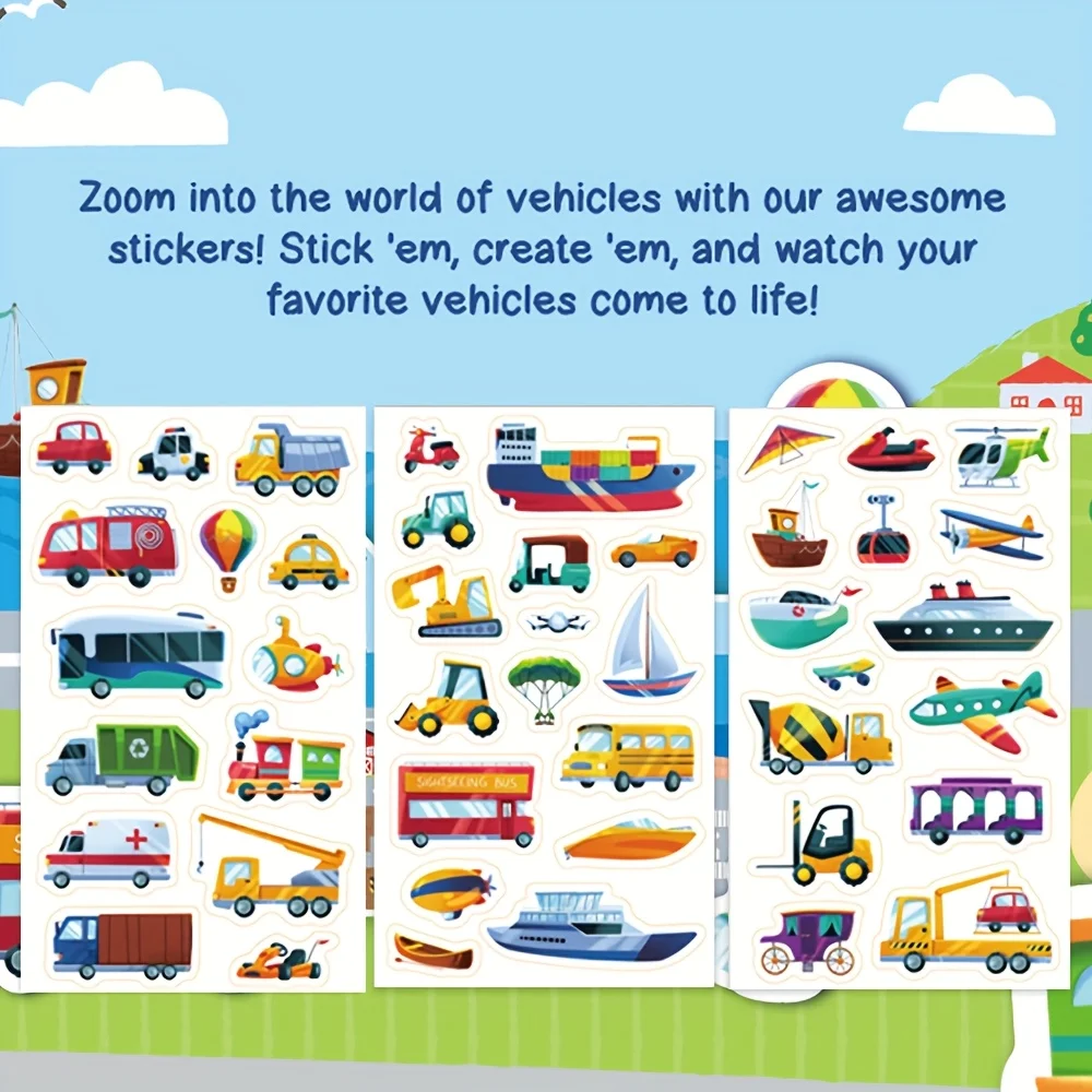 Veículos de transporte adesivos para crianças reutilizáveis coleção livro animal carro diy brinquedo presente para meninos meninas adolescentes
