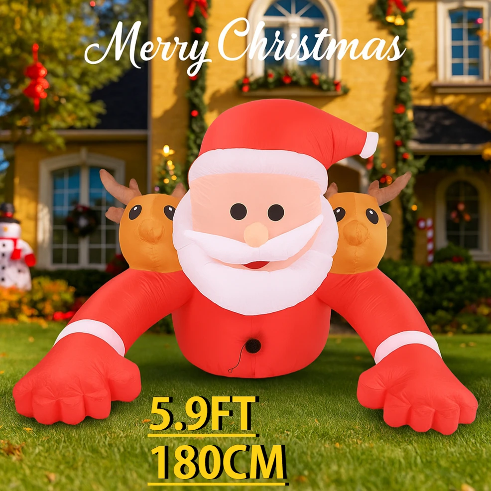 

5,9 футов надувная игрушка Санта-Клаус, настенный олень, рождественский газон, двор, украшение для вечеринки со светодиодной подсветкой, рождественский орнамент для дома