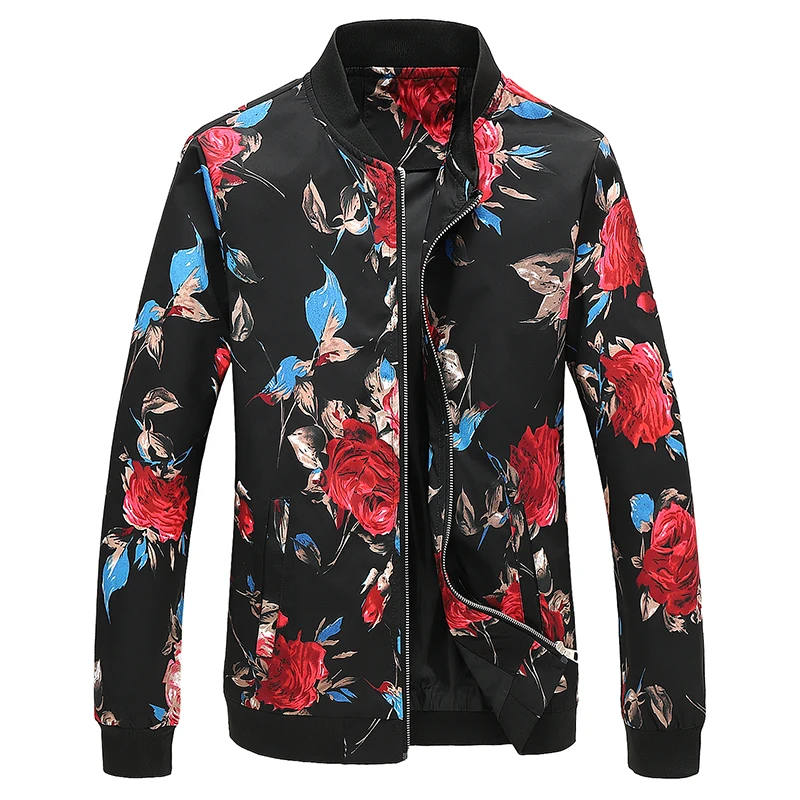 Men's Rose Print Jacket Stand Collar Flower Coat Casual Slim Fit Baseball Jackets 6XL