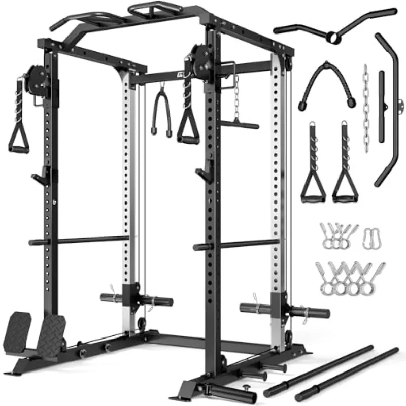 DP01 Power Cage, 2000LBS Squat Rack with Cable Crossover and Dual Independent Pulley System, Full Cage for Full Body