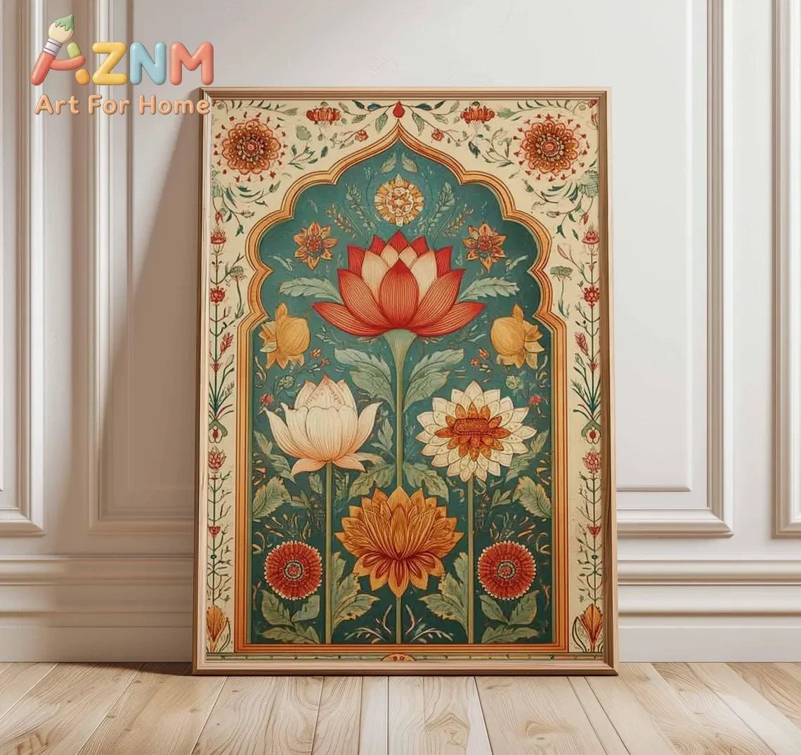 Lotus Flower Wall Art Poster, Indian Botanical Print, Traditional Floral Illustration, Boho Home Decor, Vintage Mandala Style Po