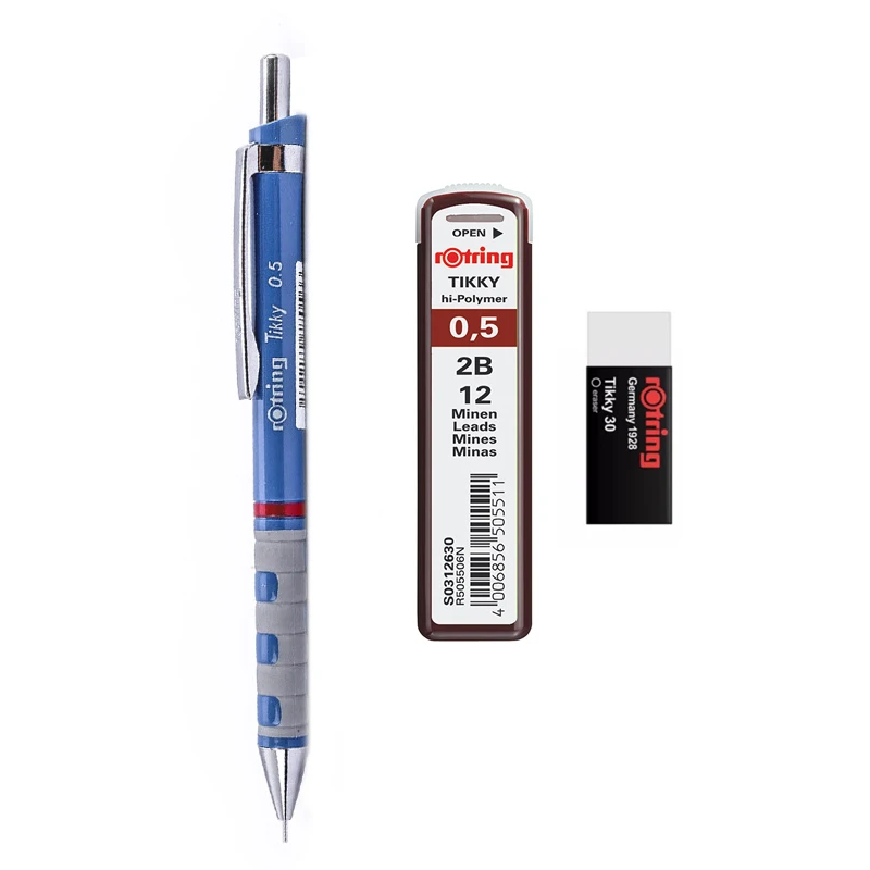 Zestaw ołówków automatycznych Rotring Tikky 0,5 mm z wkładami 2B i gumką, artykuły szkolne i biurowe dla uczniów — zdjęcie produktu 4