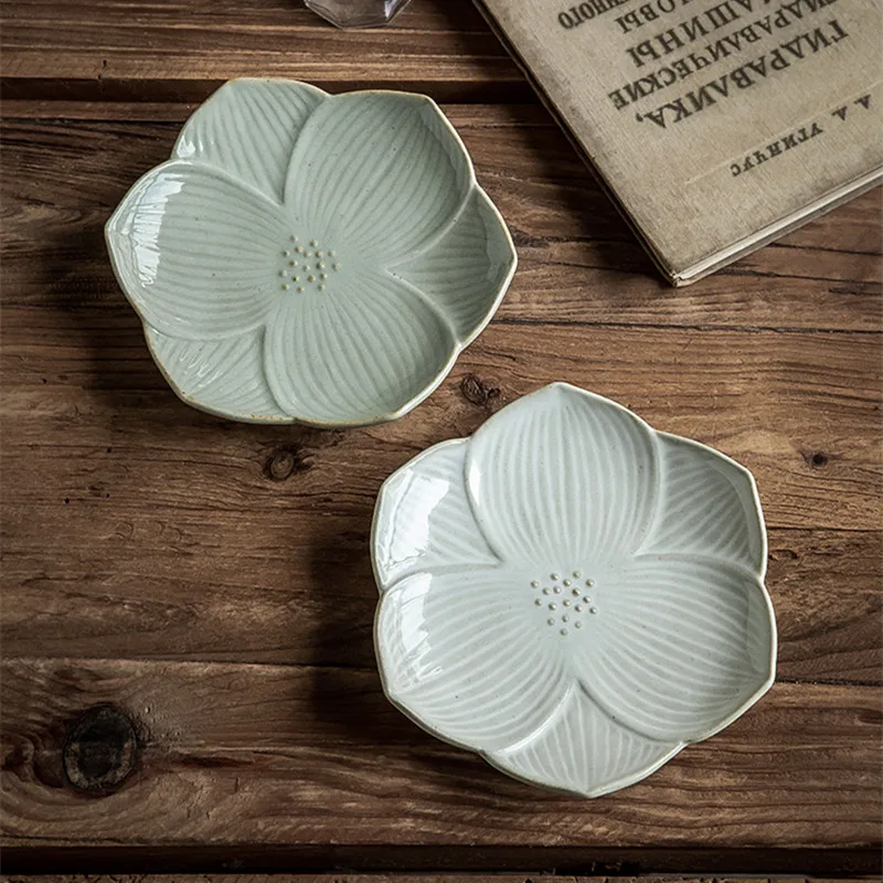 

Ceramic Japanese Sushi Plates, Handmade Dessert Plate, Stoneware, Lotus Shape, 6 ", 1Pc