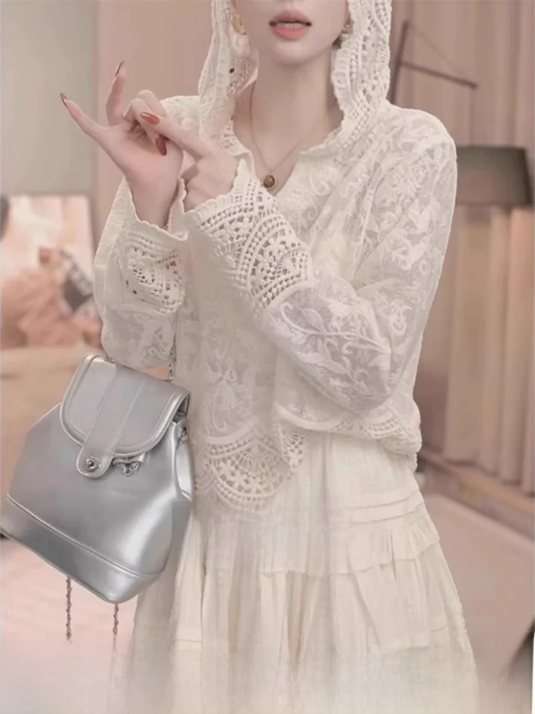 

Korean Style Lace Shirt Women's Loose Fit Long Sleeve Hooded Back Single Hook Hollow out Lazy Cover up Top Commute Wind