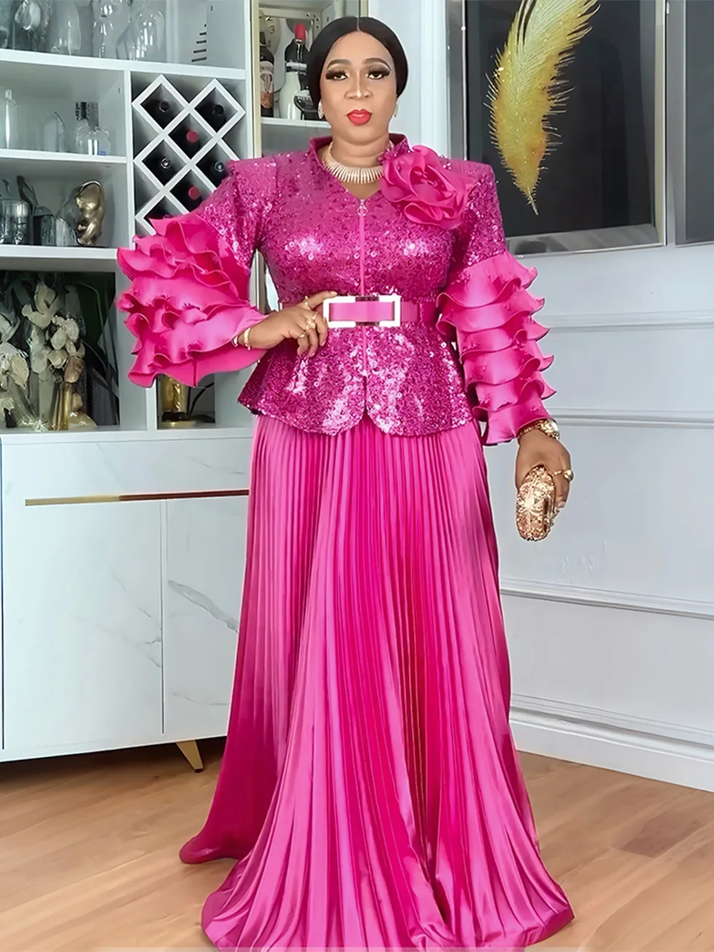 

Sequin African Clothes for Women 2 PCS Sets Tops And Skirts Suits Dashiki Ankara Outfits Gown Plus Size Wedding Party Dresses