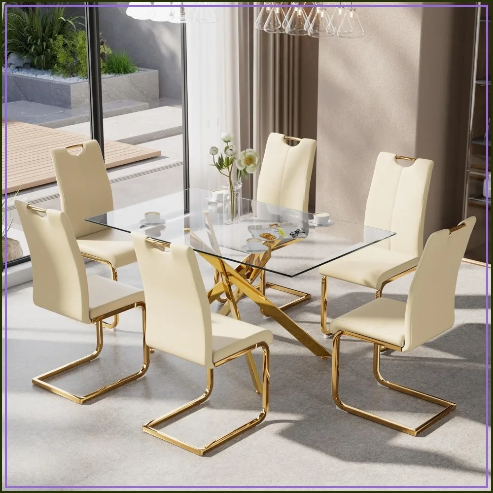 7-Piece Dining Table Set for 6, Modern Glass Table with 6 Leather Chairs, Beige & Gold