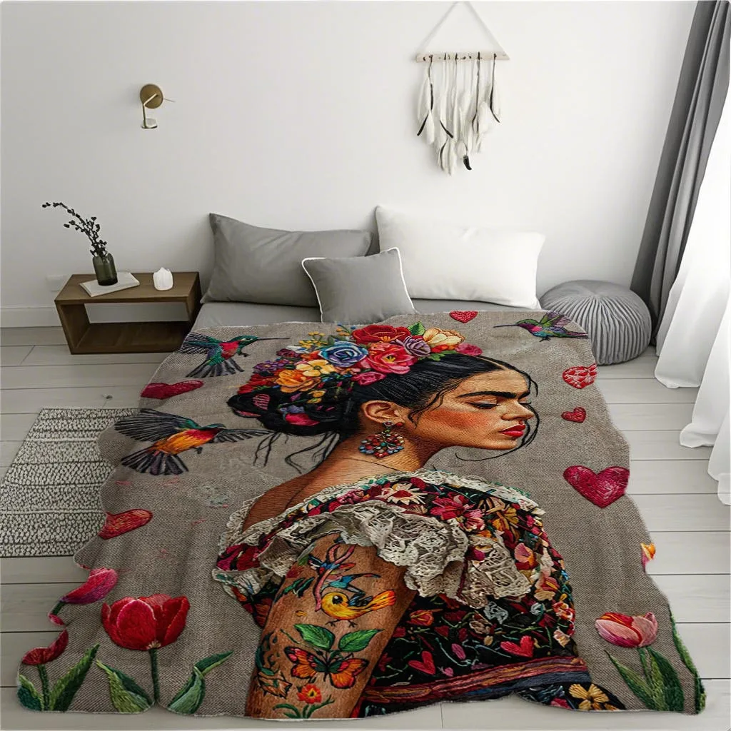 A Large, Fluffy Flannel Blanket Featuring a Tattoo Print of Mexican Women, Suitable for Beds And Sofas, Designed in a Modern Sty
