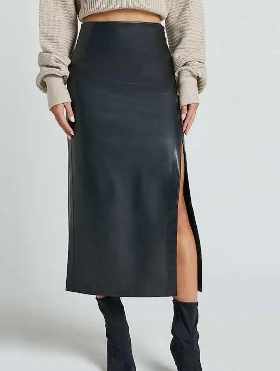 

Autumn and Winter Women's Side Slit Pleated Pu Skirt with Hip Wrap