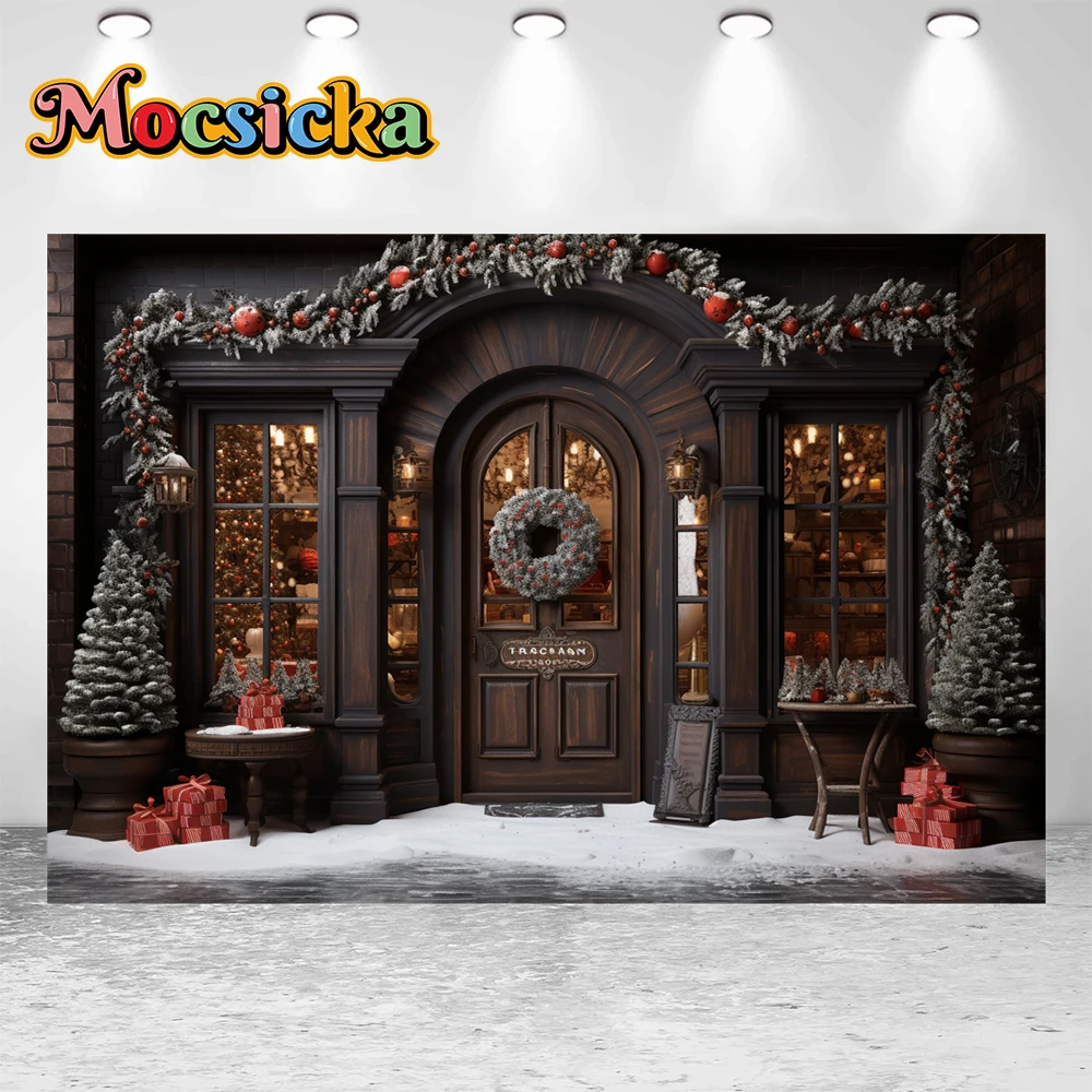 Mocsicka Winter Christmas Photography Background Brown Door Xmas Tree Holiday Party Family Kids Photo Backdrops Studio Props