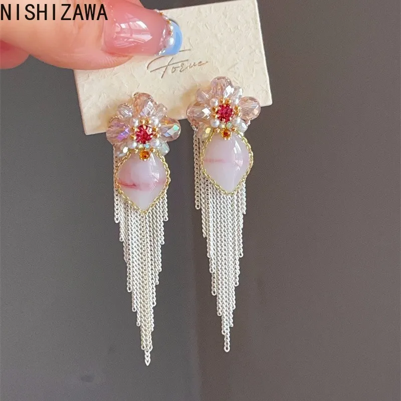 

NISHIZAWA Crystal Flowers Earrings for Women Pink Long Tassels Palace Style Jewelry Fashion Elegant Sweet Aretes De Mujer