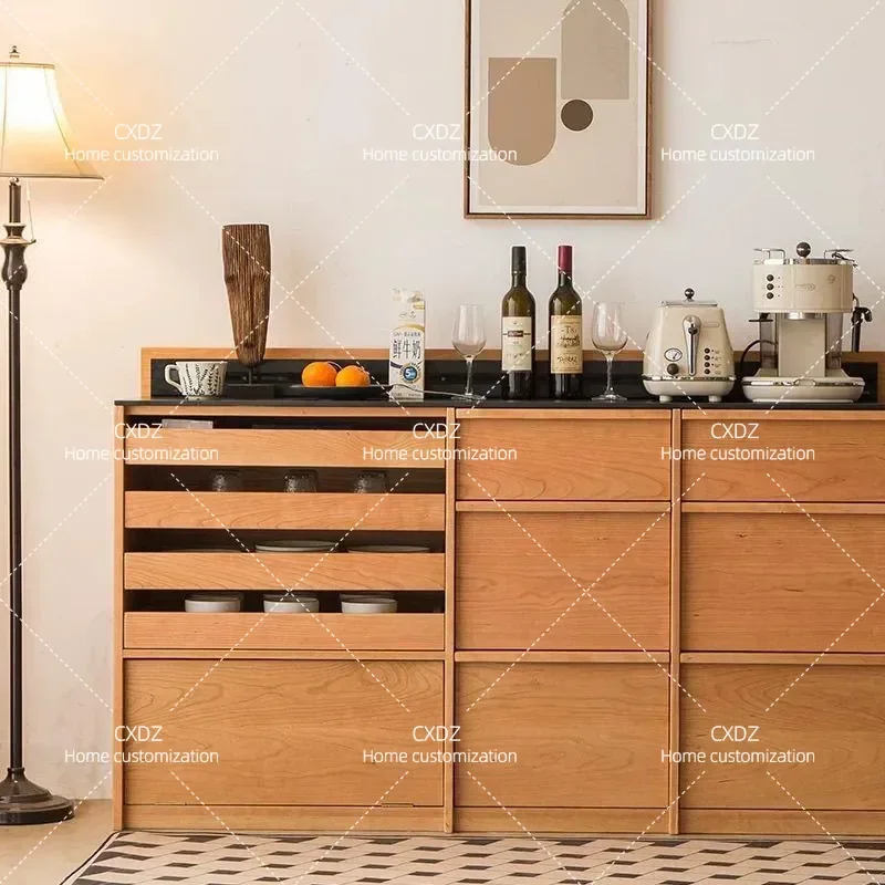 Japanese Style Solid Wood Dining Side Cabinet Cherry Wood Short Cabinet Living Room Stone Top Tea Cabinet Household Wine