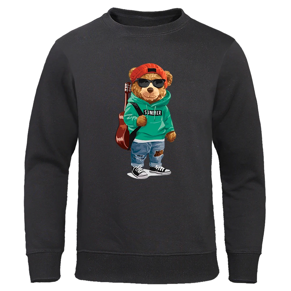 A Cool Bear With A Guitar And Sunglasses Men Hoodies Sweatshirt 2023 Spring Fashion Casual Sweatshirts Warm hip hop Streetwear