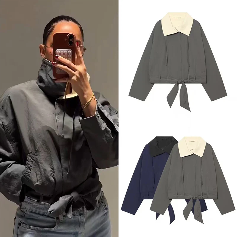 Guobioziy 2026 Fall Utility Cropped Jacket Women Contrast Color Collar Short Windbreaker With Pockets Loose For Autumn